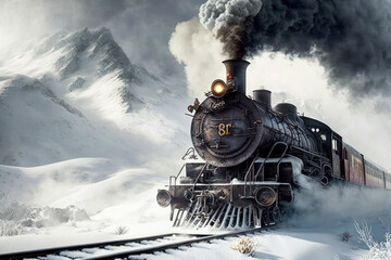 Fototapeta na wymiar Old steam locomotive drives on the tracks through snow with smoking chimney as digital illustration (Generative AI)