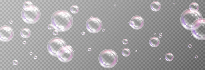 Soap bubbles on an isolated transparent background. Soap bubbles png. Soap, detergent, shampoo. Vector illustration.
