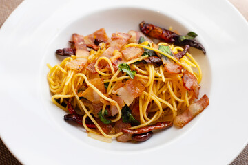Spaghetti with bacon and chili