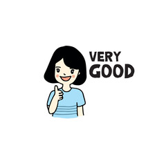 Happy woman thumps up and smiles, hand drawn  vector illustration.