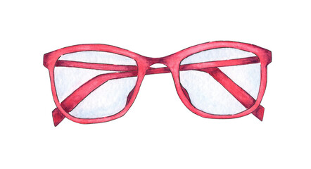 Watercolor illustration of pink glasses for vision with transparent lenses. Eye protection, improve eyesight. Back to school. Isolated on white background. Drawn by hand.