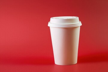 Plastic cup for hot drinks with a lid on a red background