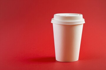 Plastic cup for hot drinks with a lid on a red background
