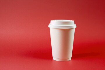 Plastic cup for hot drinks with a lid on a red background