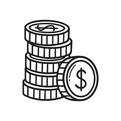 Stack of coins doodle. Pile of gold coins in sketch style. Vector illustration isolated on white background.