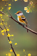 Obraz premium Nature's Canvas: Capturing a Finch Perched Among Spring Blossoms