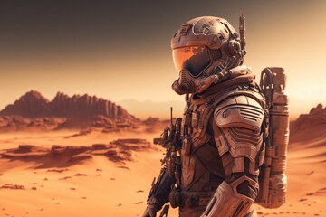 Soldier wearing futuristic armor on mars. Created with generative Ai technology