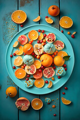 Plate with sliced oranges and fruit