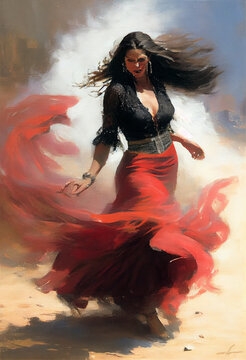 oil painting of typical spanish woman dancing flamenco. suit of lights, sand, dust. Spain