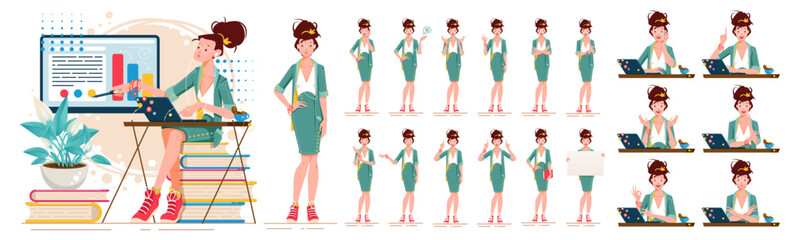 Elegant beautiful business woman in different poses set. Various gestures female character standing and sitting at the desk isolated vector illustration. Young business woman using laptop computer sit