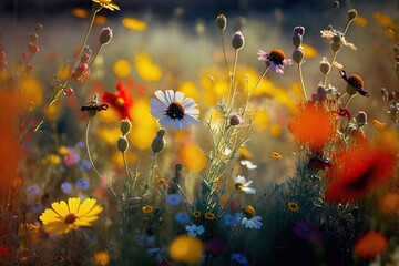 Sun-drenched wildflower meadow with a riot of colors and buzzing bees, concept of Vibrant Bloom and Pollinator Activity, created with Generative AI technology
