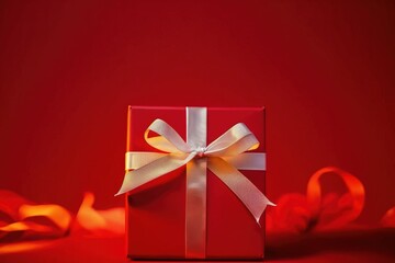 red gift box with white ribbon on red background