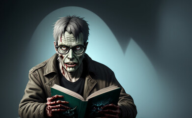 A creepy zombies with glasses reading a book in a dark room. Portrait of a zombie man. Generative AI.