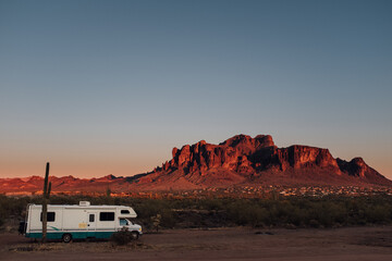 camping in the desert at sunset arizona