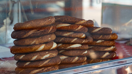 Simit. Traditional Turkish food simit. Street food of Turkey. Group of Turkish bagel is being sold in the streets in Turkey.