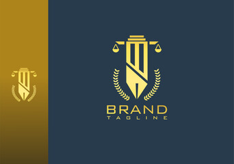 greek column pen combination m letter justice law office gold color logo concept