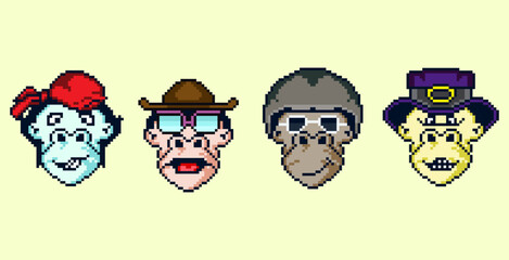 collection of monkey heads with several different face variations, vector collection of monkey heads with various attributes of hats and glasses 