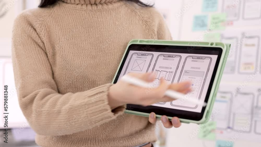 Poster App, developer and woman with hands on tablet design screen for development of ui, ux and tech project. Designer, display and innovation employee in office with digital illustration presentation.