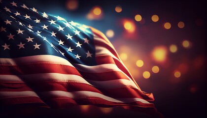 The flag of the United States against a background of beautiful bokeh. Generative AI.