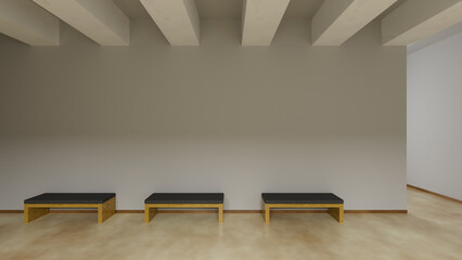 White hallway with waiting chairs for a relaxing atmosphere, natural light, horizontal position, 3d illustration