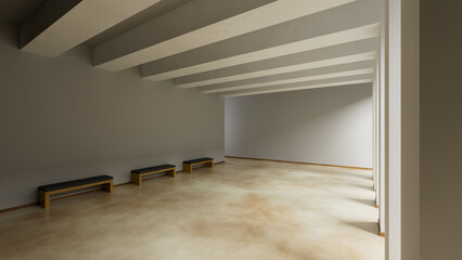 White corridor and waiting chairs under natural light, horizontal position, 3d illustration