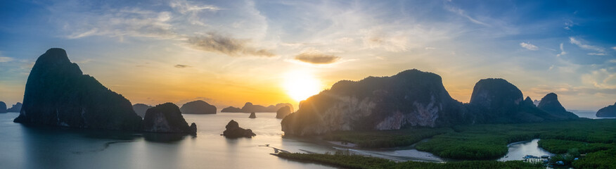 Aerial panorama of amazing sunrise view of Phang Nga bay from famous Samet Nangshe viewpoint