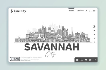 Savannah, Georgia, USA architecture line skyline illustration. Linear vector cityscape with famous landmarks, city sights, design icons. Landscape with editable strokes. - obrazy, fototapety, plakaty