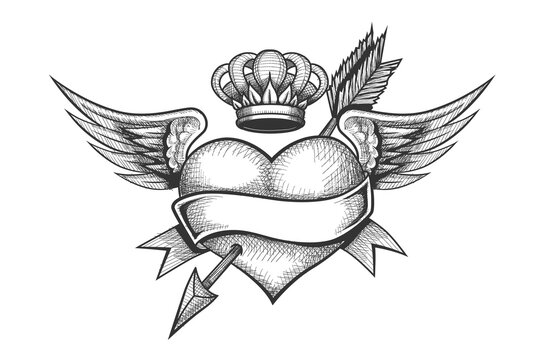 This vector illustration depicts a retro-engraved style composition with a heart pierced by an arrow, angel wings, a crown, and a banner in the center, all on a white background.