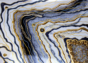 Abstract Black and Blue agate background with golden veins, fake painted artificial stone, marble texture, luxurious marbled surface, digital marbling Illustration