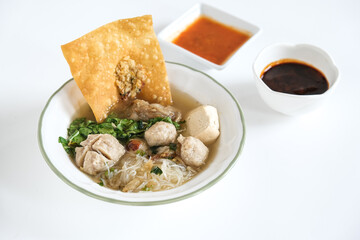 bakso malang is a traditional food Indonesia made from meatball, tofu, fried dumpings, rice noodle and beef soup