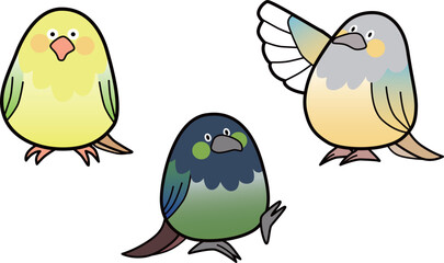 デフォルメしたインコのかわいいイラスト素材集　三羽セット
