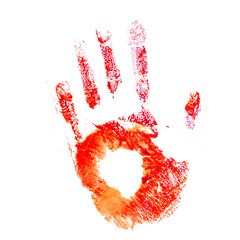 Bloody palm print isolated on transparent background. Thriller concept.