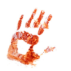 Bloody palm print isolated on transparent background. Thriller concept.