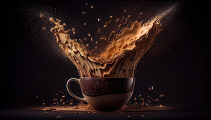 Aromatic Coffee Beans and Coffee Splashing Over in a Cappuccino Cup on Dark Background Generative AI