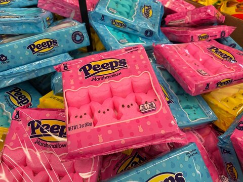 Grocery store Peeps easter candy packs variety display bin