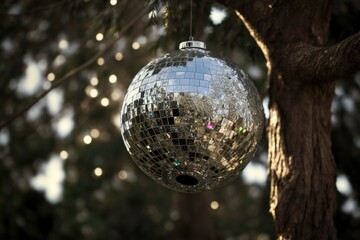 A disco ball made of polished silver hanging from a tree in the middle of a festive outdoor gathering, concept of Glittering and Reflection, created with Generative AI technology