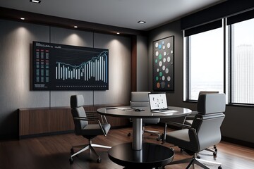 A modern conference room with a sleek table chairs and projector displaying financial data and charts on a large screen, concept of Technology and Collaboration, created with Generative AI technology
