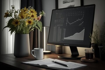 Simple  desk with a vase of flowers a lamp and a notebook with financial report on screen in the background, concept of Desk Organization and Ambiance Lighting, created with Generative AI technology