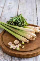 serai or lemongrass on a cutting board with blurred background