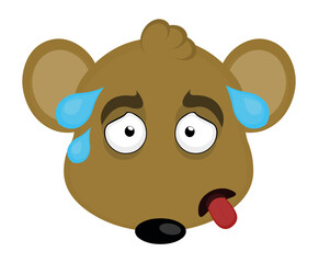 vector illustration face of an exhausted cartoon mouse, with his tongue out and drops of sweat on his head