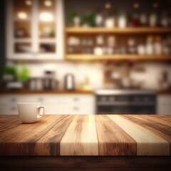 Obraz na płótnie Canvas Empty table kitchen blurry background dining kitchen, simplicity, inviting space, GENERATIVE AI