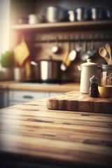 Fototapeta na wymiar An empty table in the kitchen with a blurry background can create a simple and elegant ambiance in your home, GENERATIVE AI