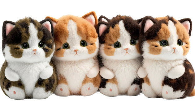 a plush toy-themed photographic illustration featuring an isolated group of adorable tiny kitty cats with cute eyes set on a transparent background in PNG. Generative AI