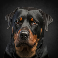 Studio shot with cute rottweiler dog portrait with the curiosity and innocent look as concept of modern happy domestic pet in ravishing hyper realistic detail by Generative AI.