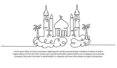 Obraz na płótnie Canvas Mosque continuous line design. Islamic architectural design concept. Celebration of Ramadan, Eid al-Fitr Eid al-Adha and Islamic New Year. Decorative elements drawn on a white background.