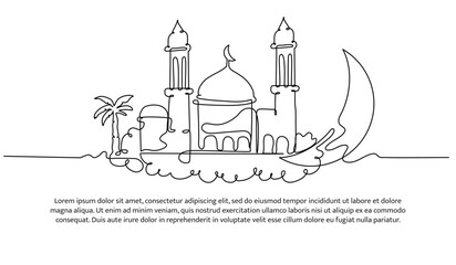 Naklejka premium Mosque continuous line design. Islamic architectural design concept. Celebration of Ramadan, Eid al-Fitr Eid al-Adha and Islamic New Year. Decorative elements drawn on a white background.