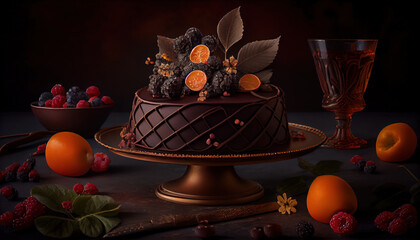 Obraz na płótnie Canvas Chocolate Cake with Colorful Fruits on Table Dark Theme Background Generative AI