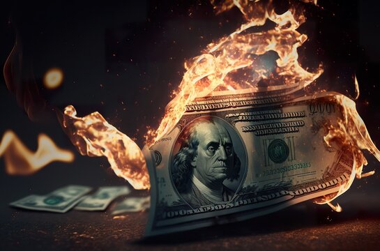 Symbol for burning money in economy or business. Burning money notes, ideal as a background image or for the website as a money teaser like, earn money, stock market or money investment.