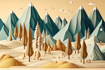 Papercut scenario landscape mountain nature background, With careful attention to the layering, contrast, and shadowing, GENERATIVE AI