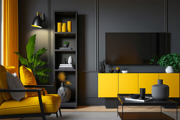 TV cabinet with yellow and black modern minimal interior design. Minimalist interior 3D render. Generative AI.